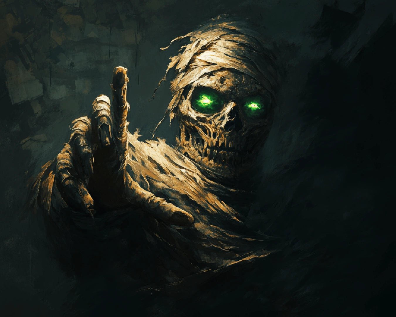 Horror paint by numbers kit canvas painting showing a mummy emerging from shadows with eerie green eyes