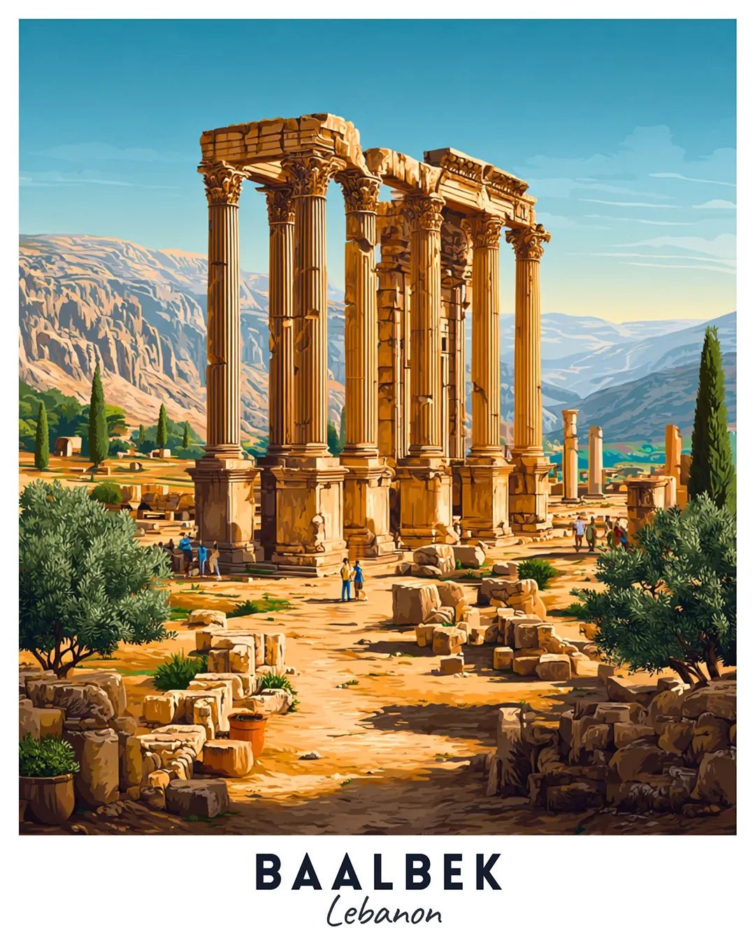 Baalbek Lebanon Travel Poster Paint by Numbers Kit featuring Roman temple ruins, stone columns, and archaeological landscape