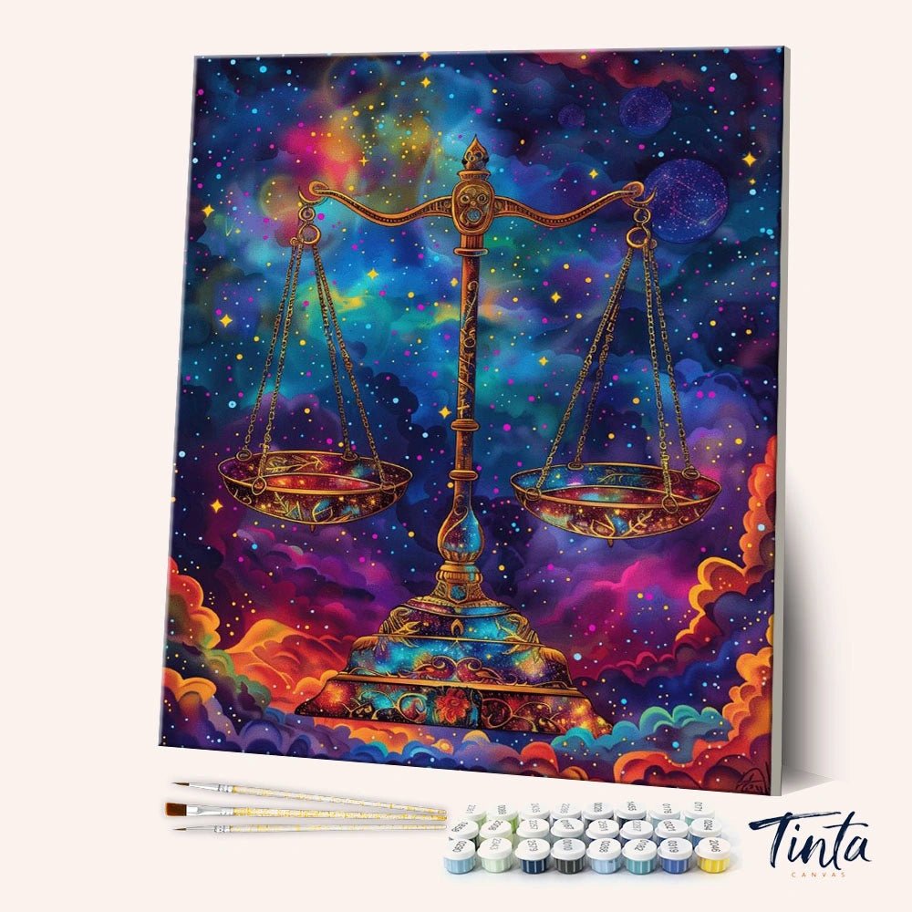 Balance of the Universe paint by numbers kit angled view showing celestial scales in colorful galaxy