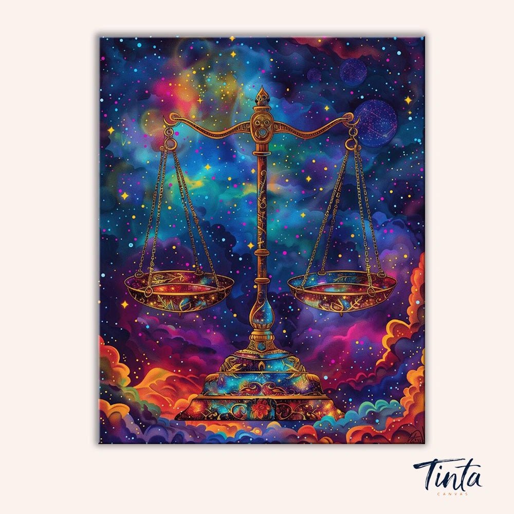 Clean artwork of Balance of the Universe paint by numbers kit featuring cosmic scales and vibrant nebula