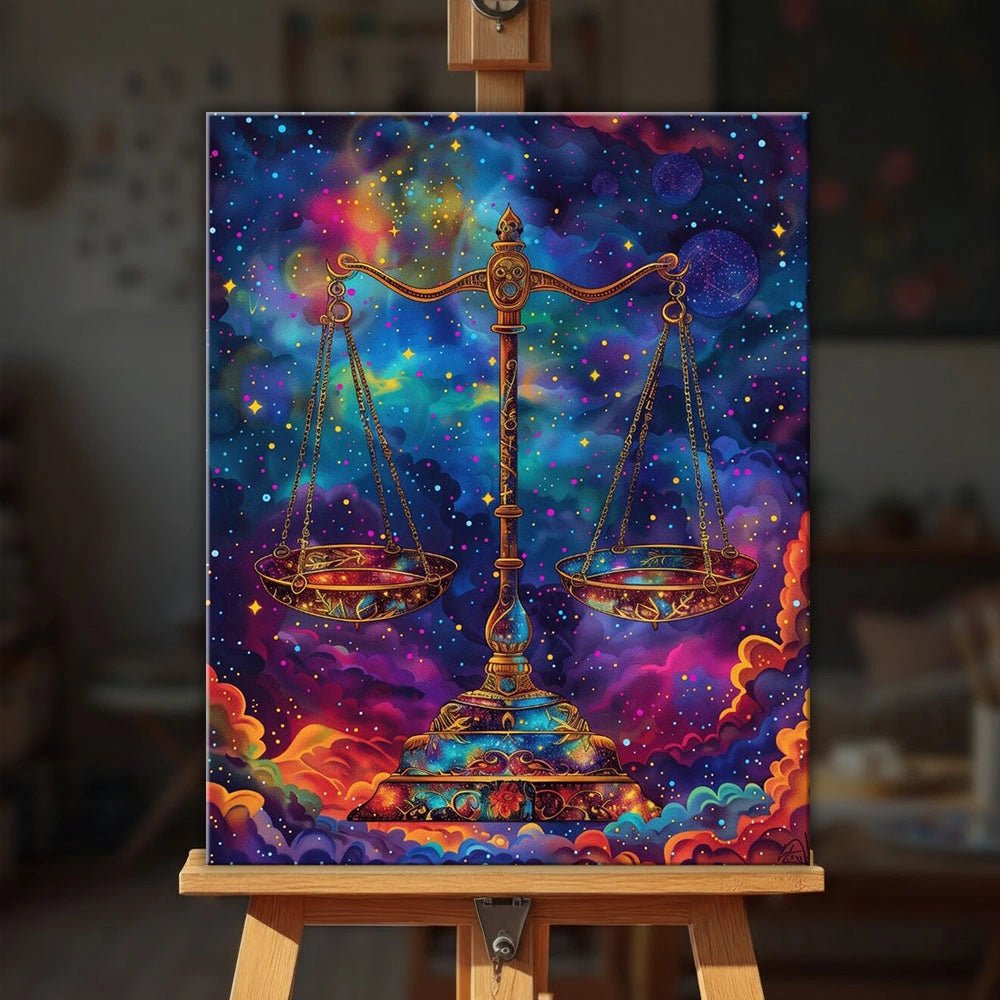 Balance of the Universe paint by numbers kit displayed on easel with mystical galaxy scene and stars