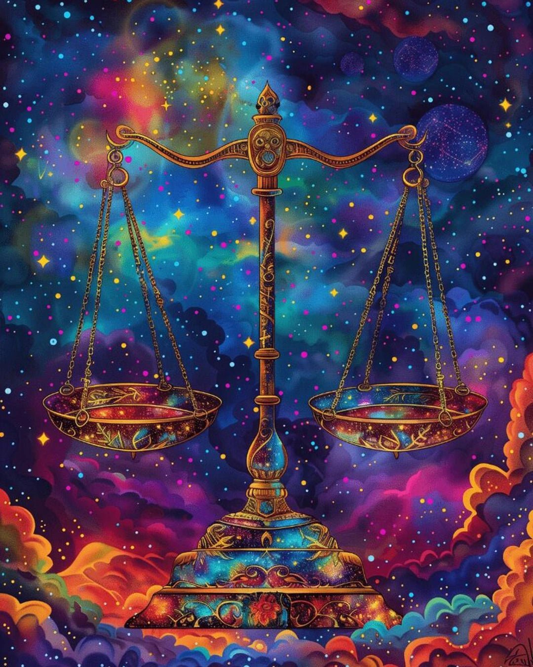 Raw landscape of Balance of the Universe paint by numbers kit showing balanced scales in space by Tinta Canvas

