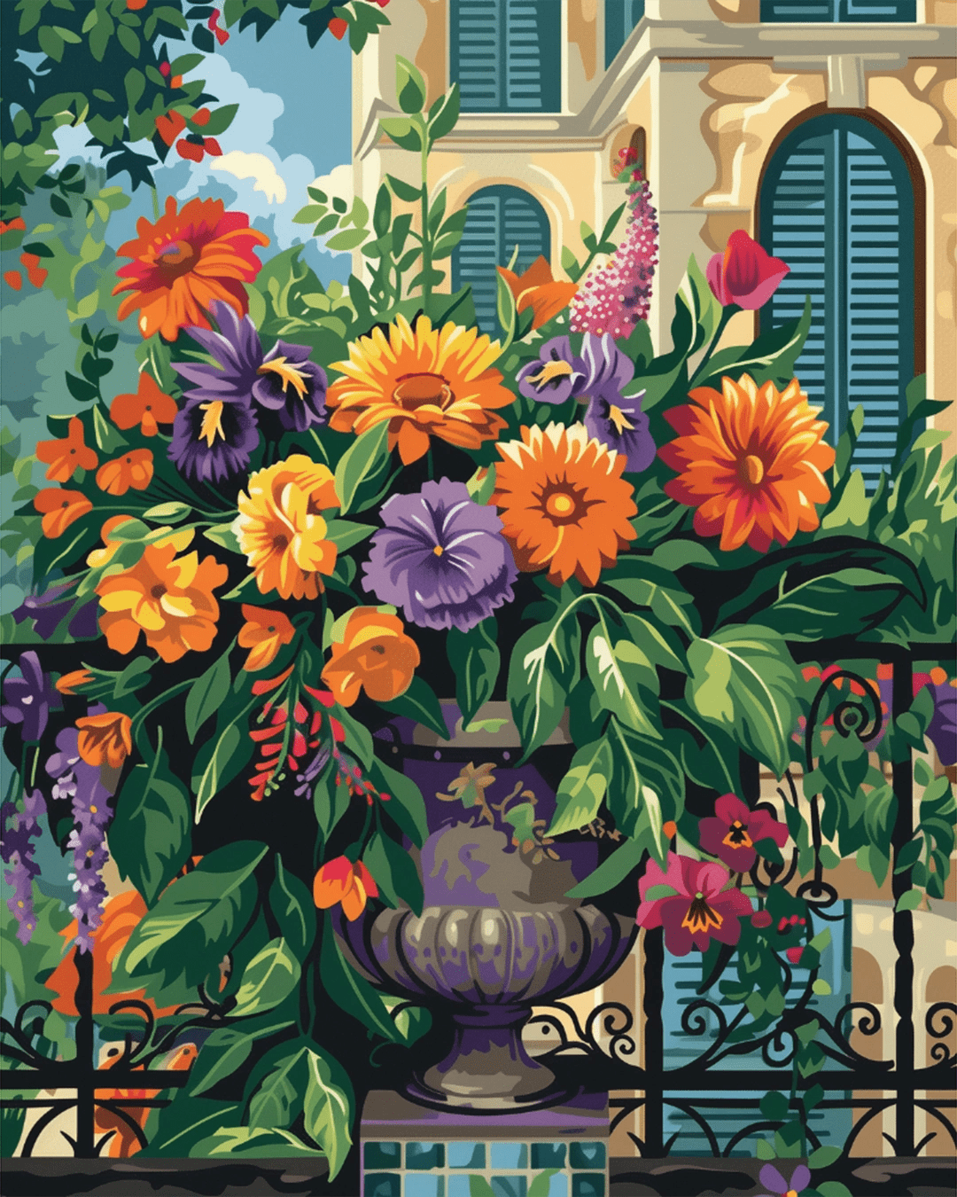 Garden paint by numbers kit canvas painting featuring vibrant flowers overflowing from a balcony planter