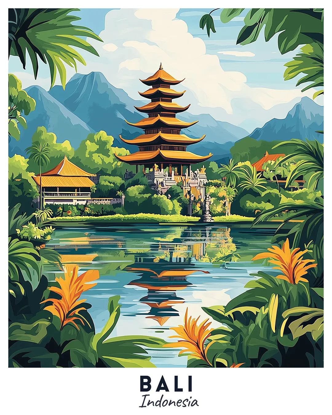 Bali Indonesia Travel Poster Paint by Numbers Kit featuring traditional temple, lush plants, reflective water, and tropical scenery