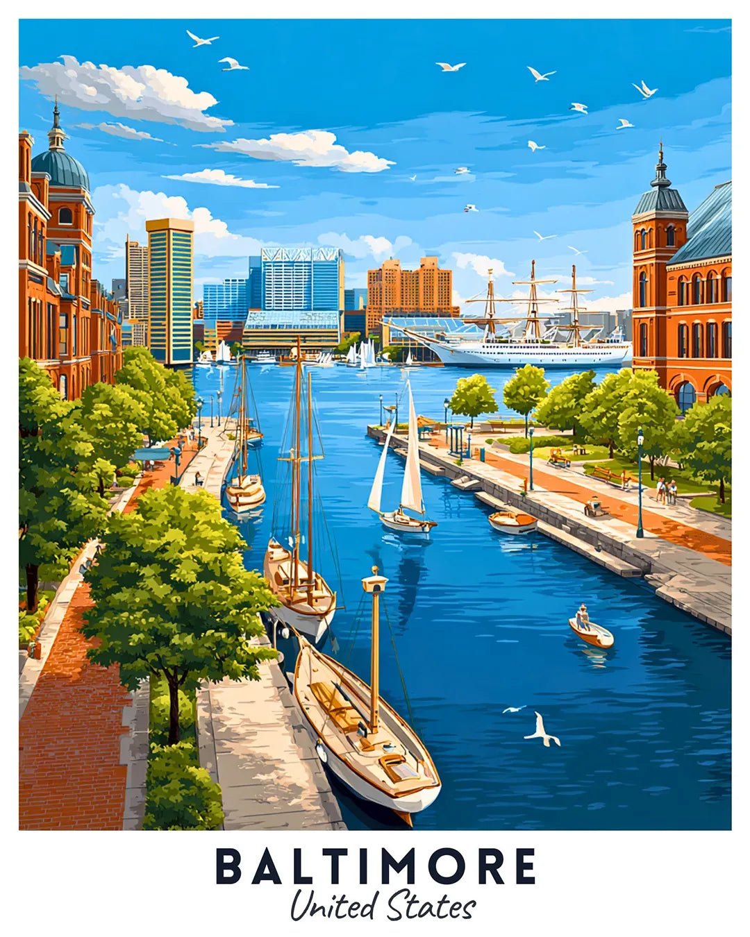 Baltimore United States Travel Poster Paint by Numbers Kit featuring Inner Harbor, boats, waterfront walkways, and city skyline