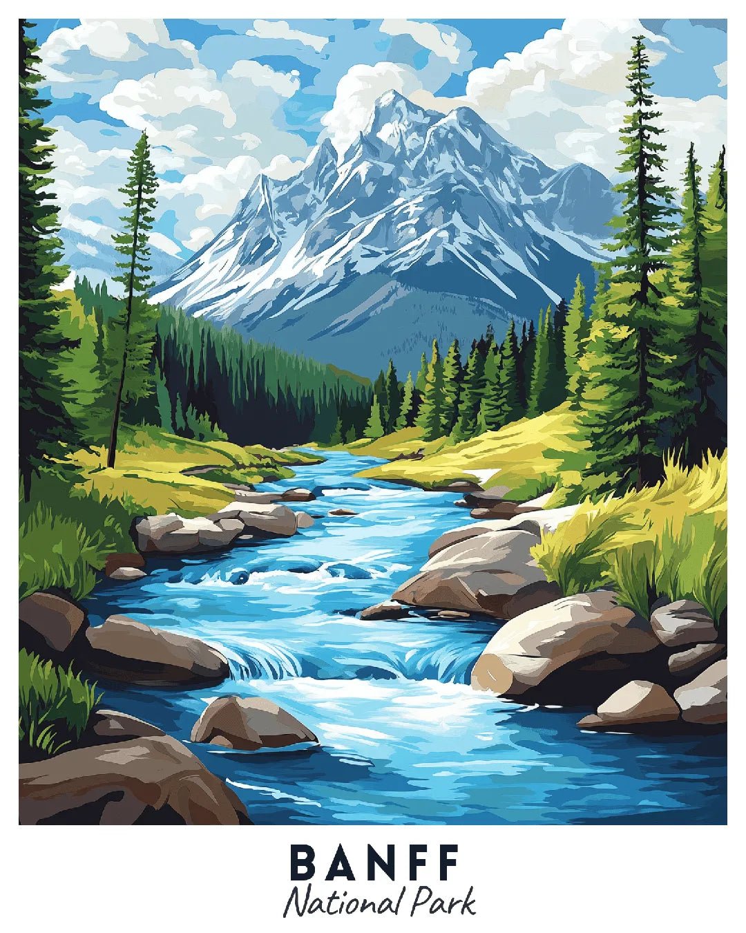 Banff National Park Travel Poster Paint by Numbers Kit featuring alpine river, forested valley, and mountain landscape