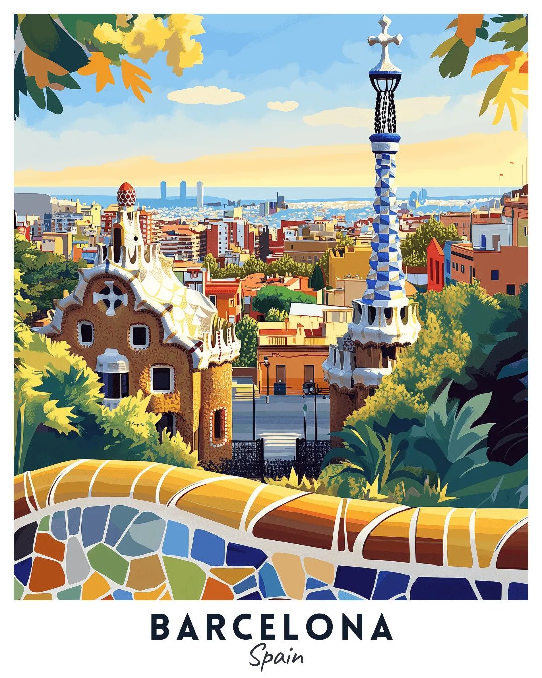 Barcelona Spain Travel Poster Paint by Numbers Kit featuring Park Güell architecture, colorful mosaics, and city views