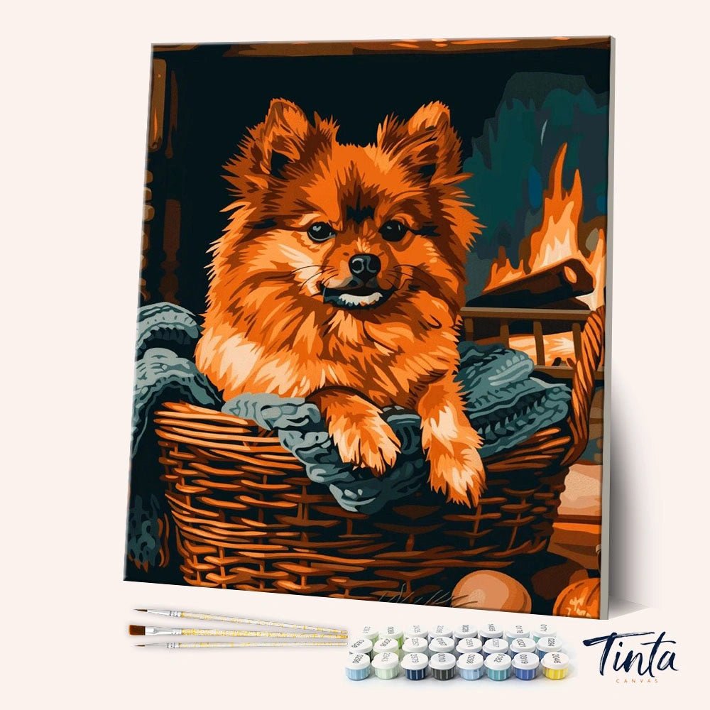 Basket Spitz paint by numbers kit angled view showing fluffy spitz resting in basket near warm fireplace