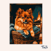 Clean artwork of Basket Spitz paint by numbers kit featuring cozy spitz dog with blankets and firelight