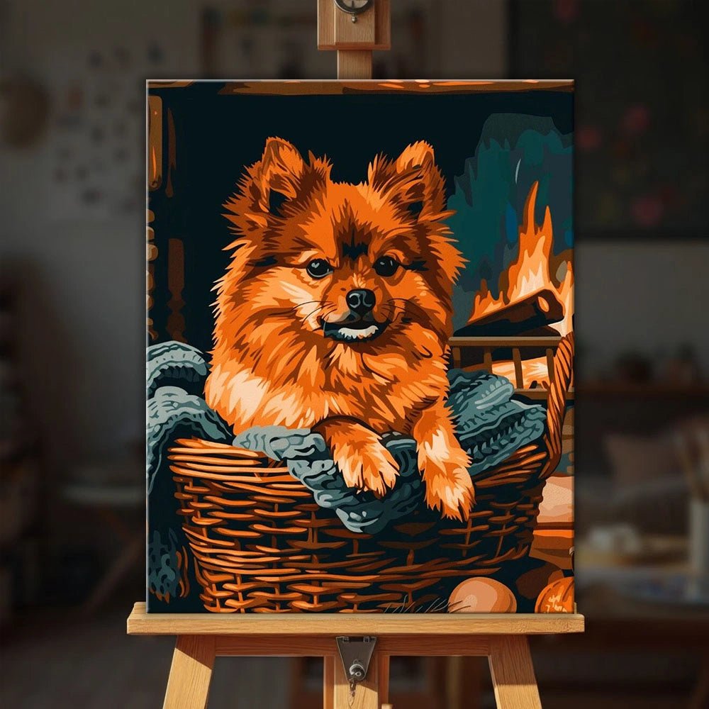 Basket Spitz paint by numbers kit displayed on easel with warm indoor dog scene and soft lighting
