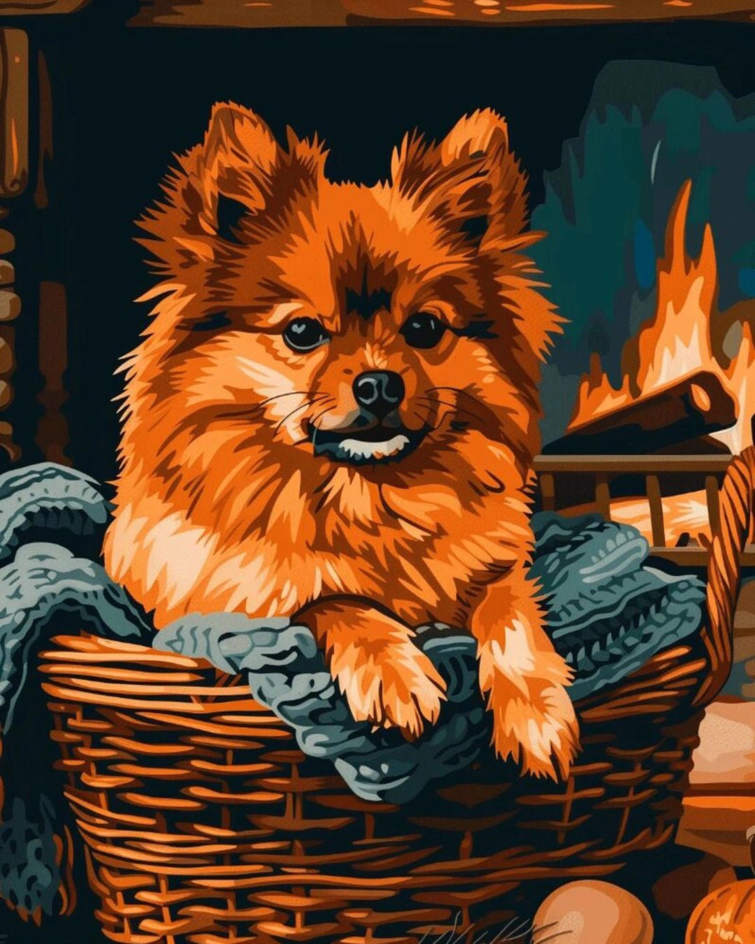 Raw landscape of Basket Spitz paint by numbers kit showing fluffy spitz in basket by fireplace by Tinta Canvas

