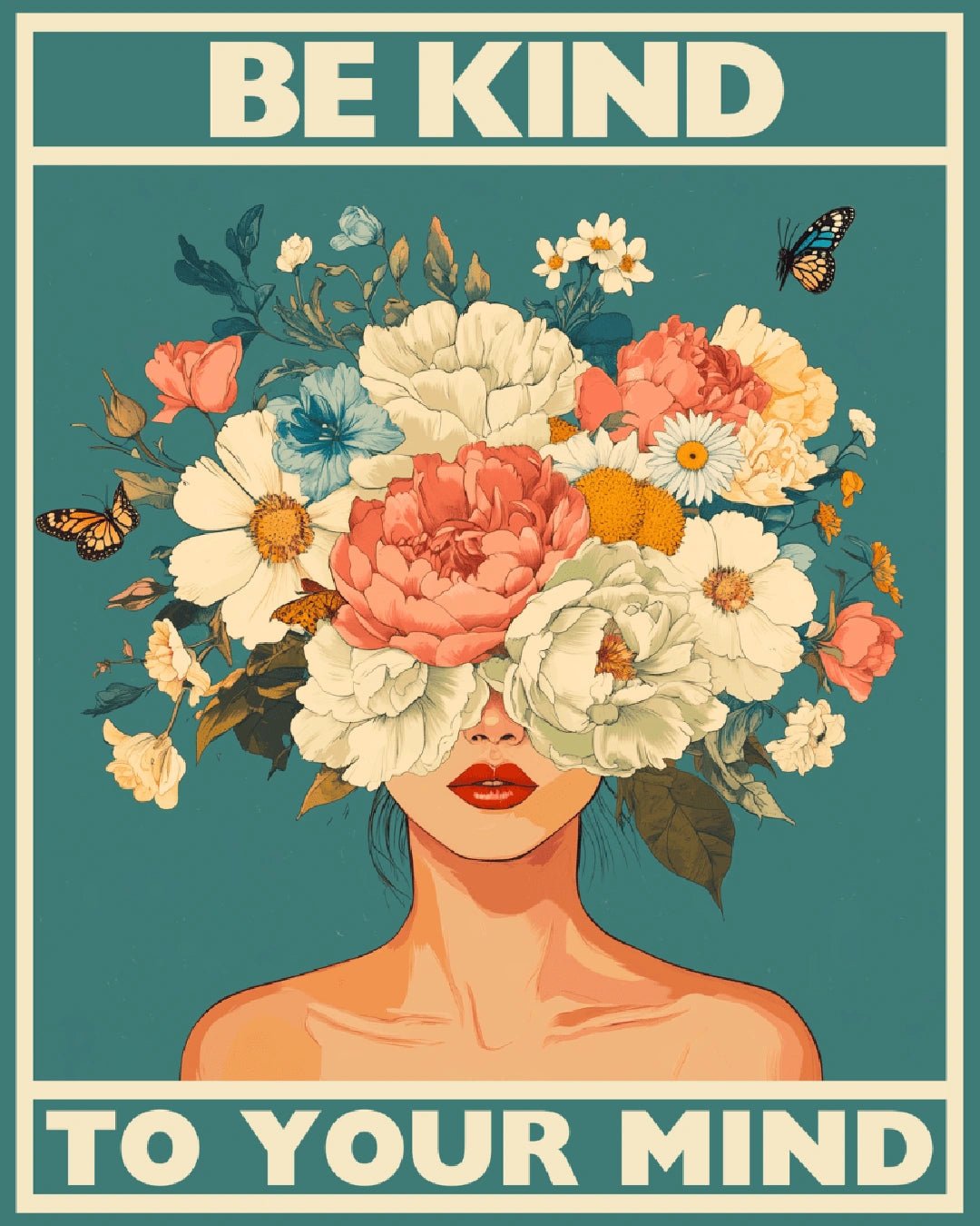 Paint by numbers canvas featuring a woman with flowers and the phrase Be Kind to Your Mind