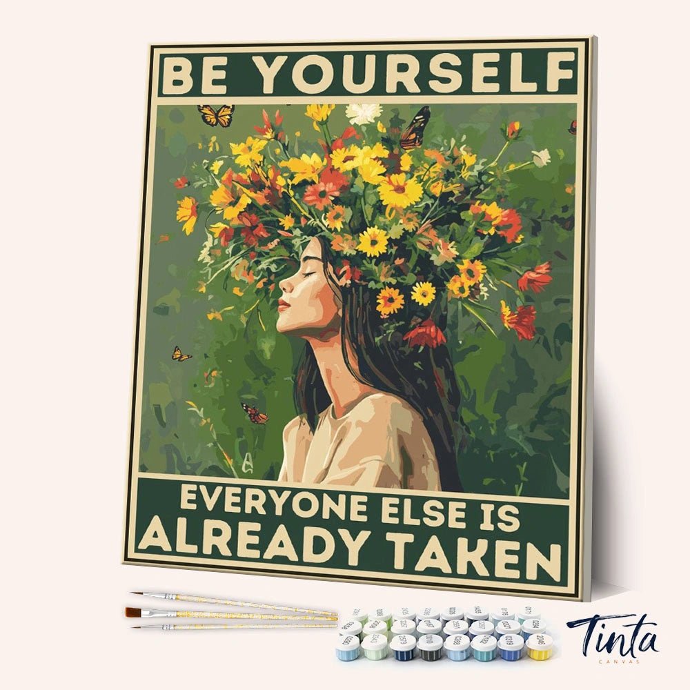 Be Yourself paint by numbers kit angled view showing floral portrait with inspirational quote and butterflies