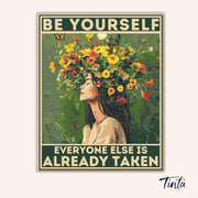 Clean artwork of Be Yourself paint by numbers kit featuring woman with flower crown and motivational text