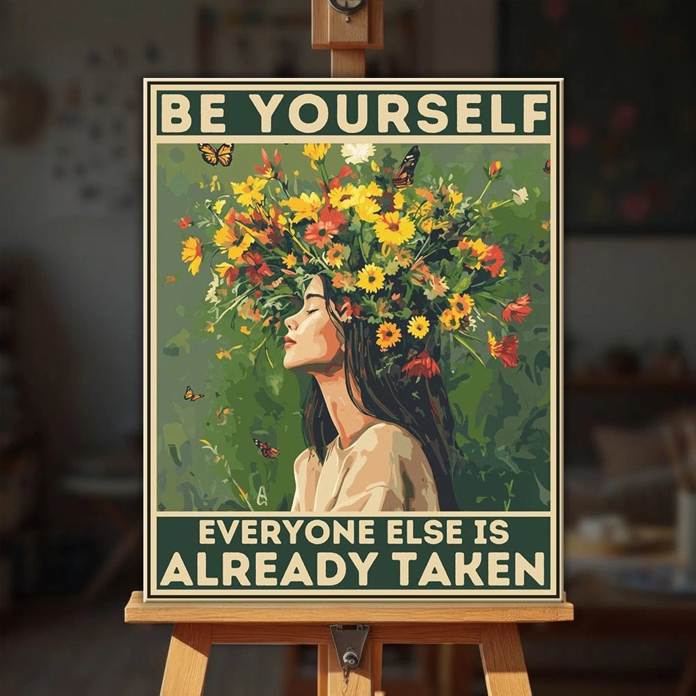 Be Yourself paint by numbers kit displayed on easel with inspiring design and colorful floral composition