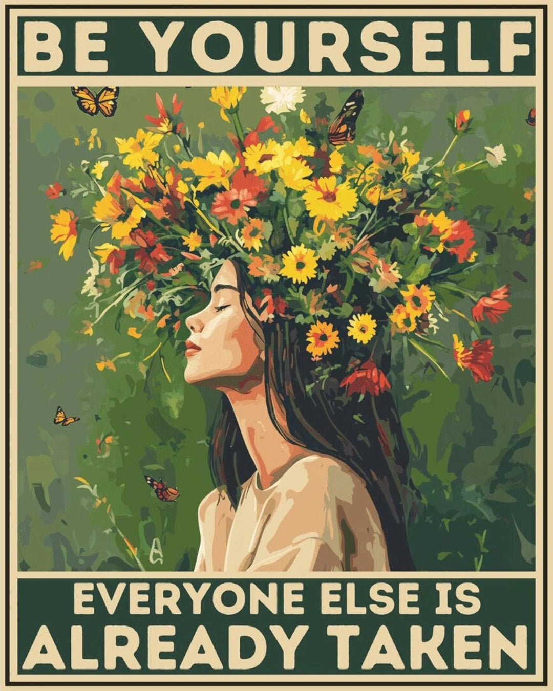 Raw landscape of Be Yourself paint by numbers kit showing portrait, flowers, butterflies, and quote