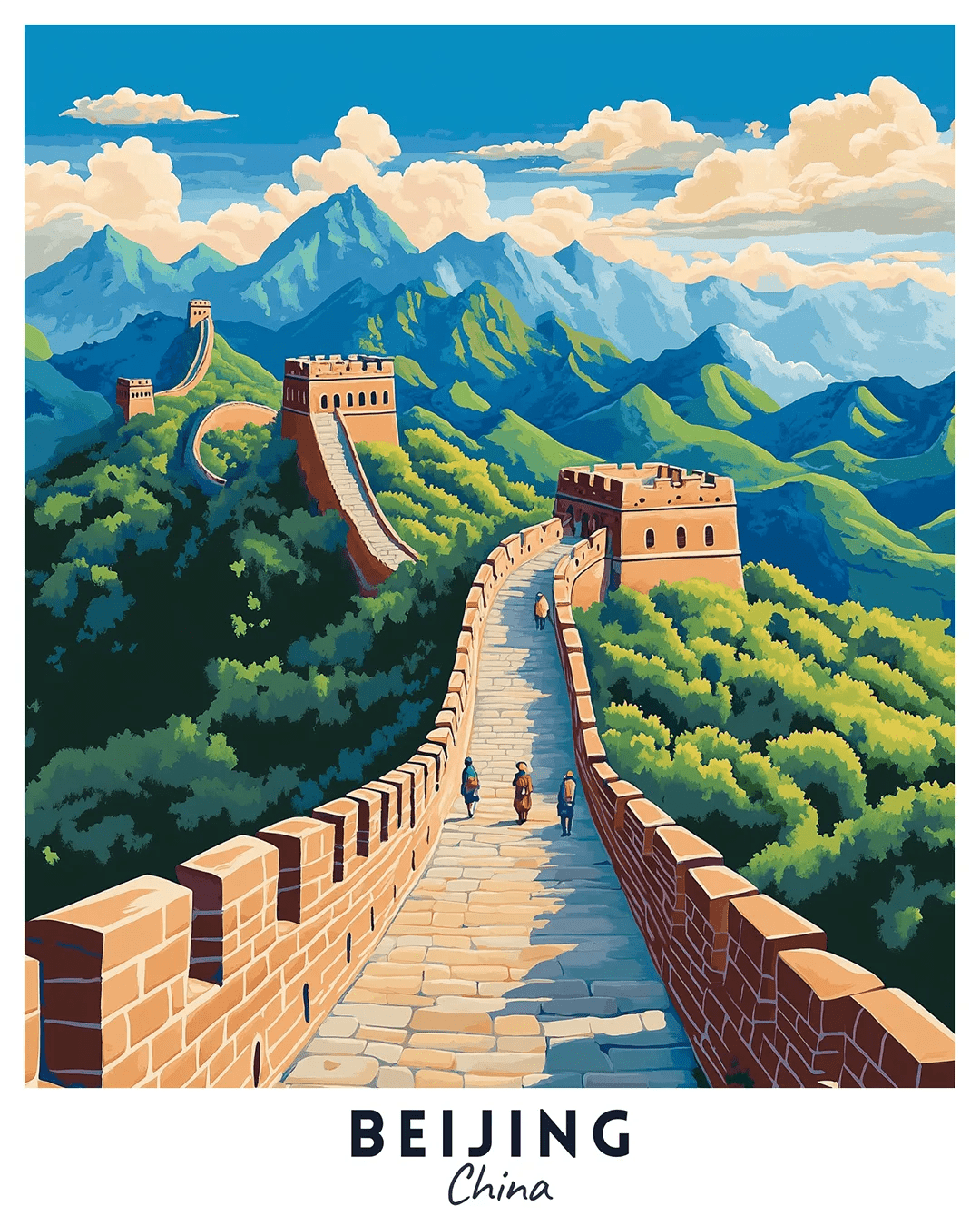 Beijing China Travel Poster Paint by Numbers Kit featuring the Great Wall, stone pathway, watchtowers, and mountain scenery