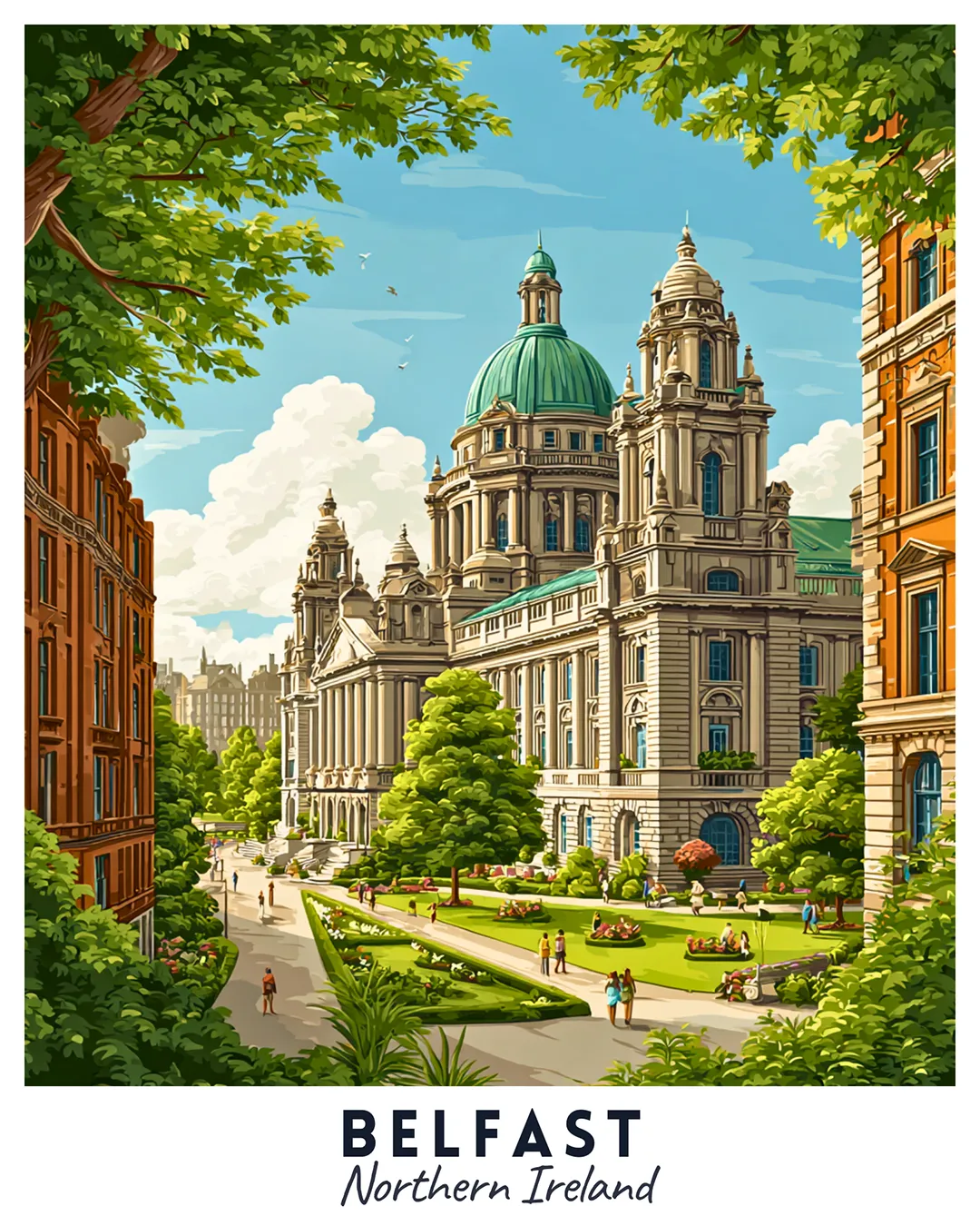 Belfast Northern Ireland Travel Poster Paint by Numbers Kit featuring City Hall, green gardens, and classic city architecture
