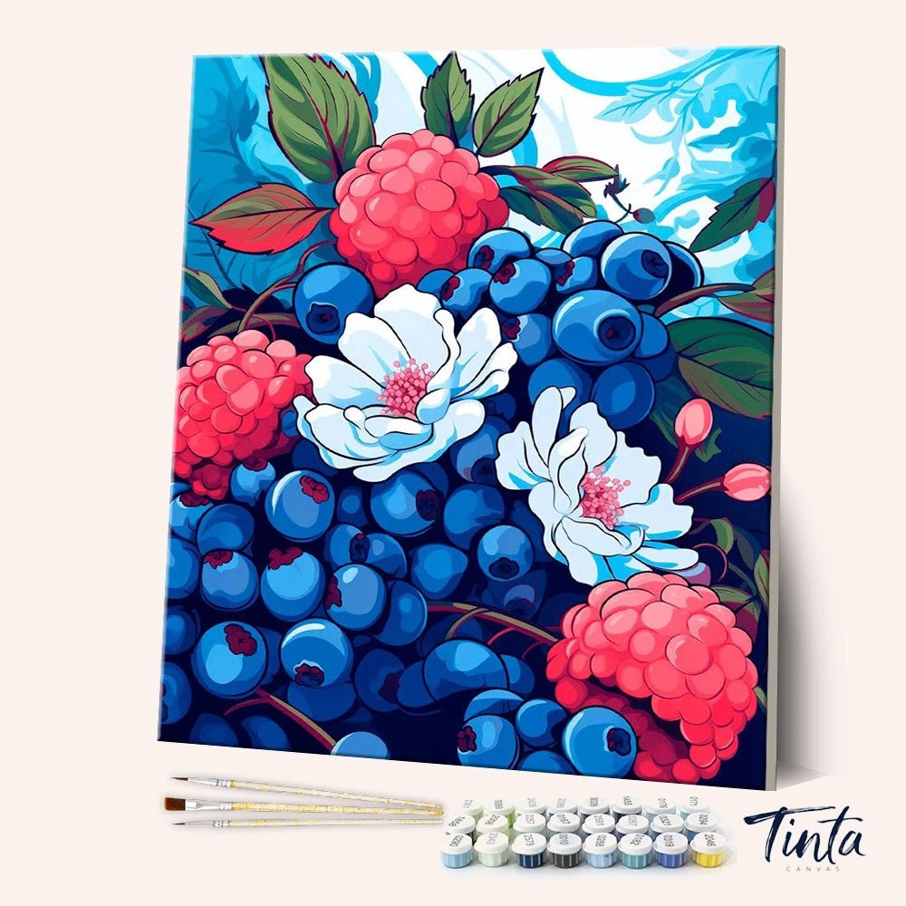 Berry Bush paint by numbers kit angled view showing blueberries, raspberries, and blossoms in vibrant composition