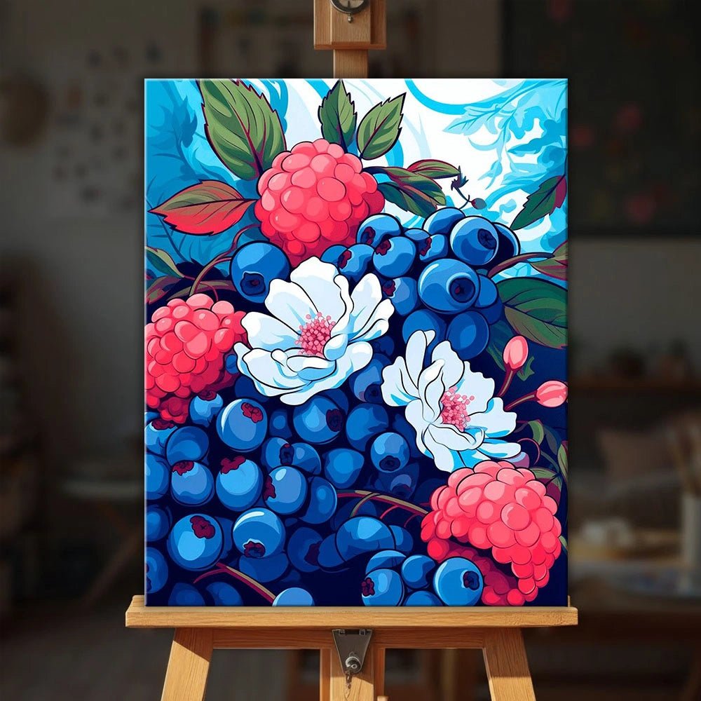 Berry Bush paint by numbers kit displayed on easel with colorful fruit scene and detailed botanical elements