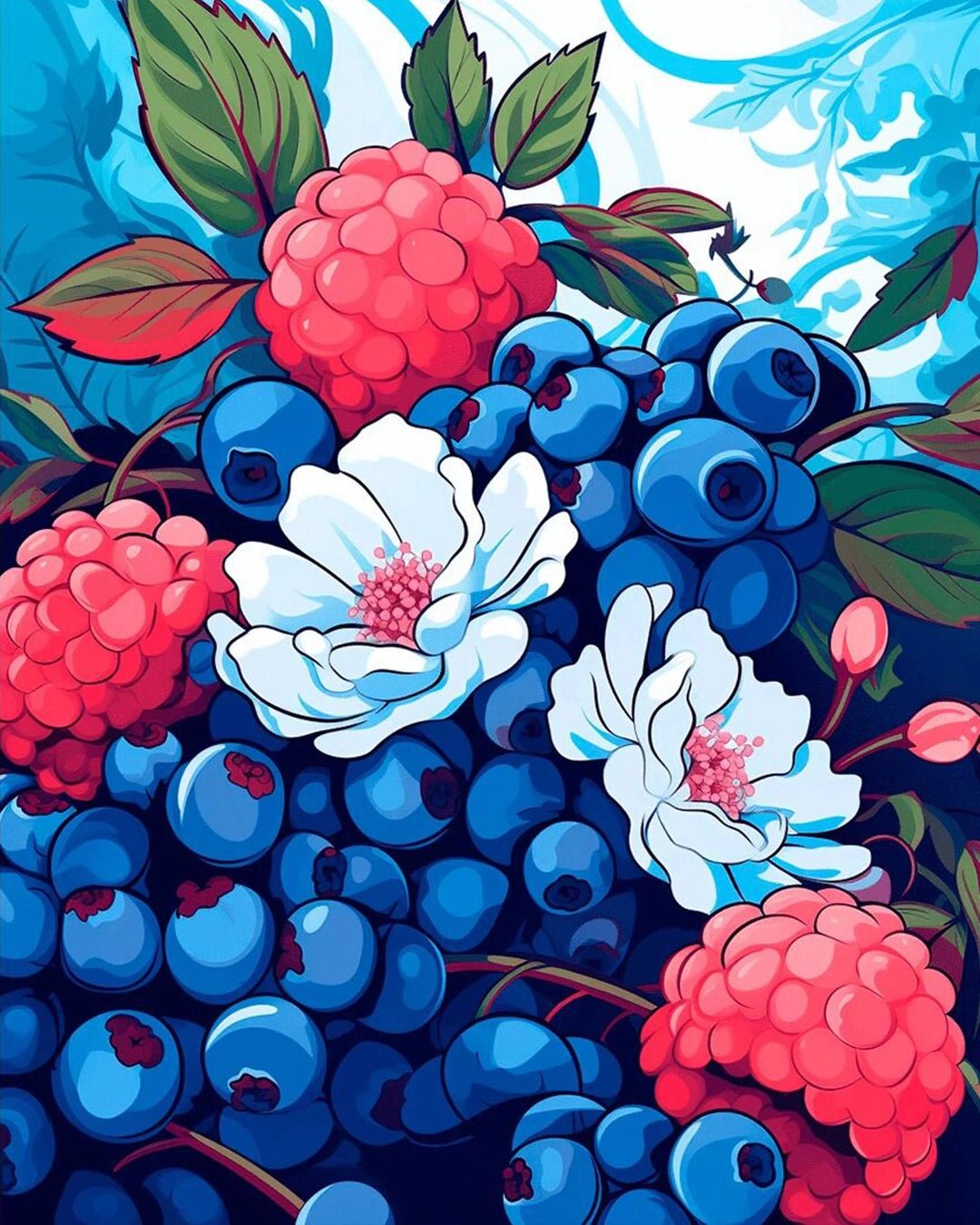 Raw landscape of Berry Bush paint by numbers kit showing berries, leaves, blossoms, and rich color contrast