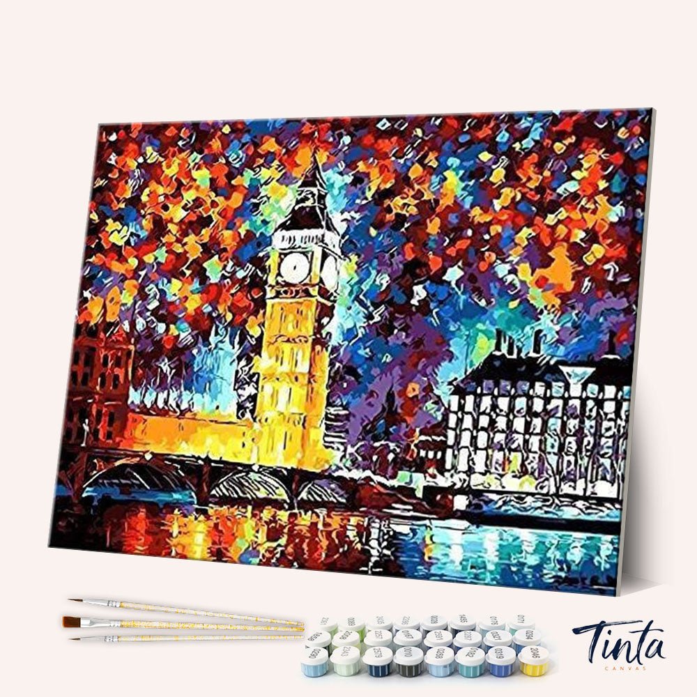 Big Ben London paint by numbers kit angled display view with vibrant city colors by Tinta Canvas