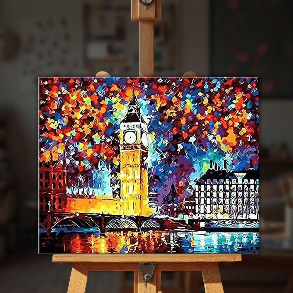 Big Ben London paint by numbers kit styled on an easel in a modern home setting by Tinta Canvas