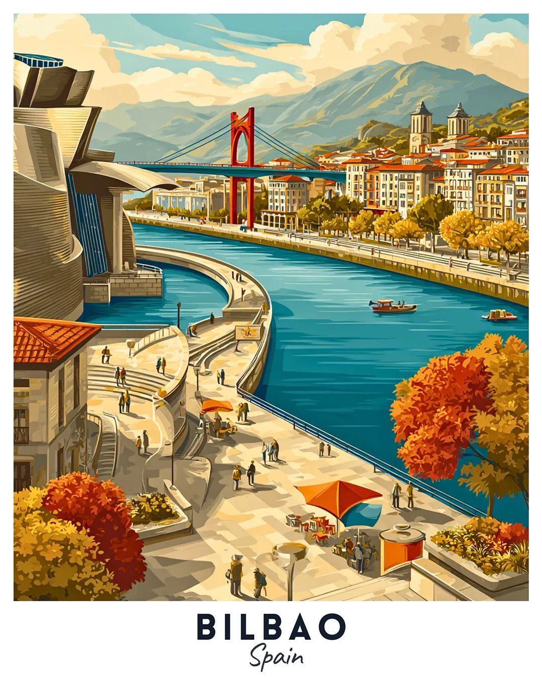 Bilbao Spain Travel Poster Paint by Numbers Kit featuring Guggenheim Museum, riverside walkways, and urban scenery