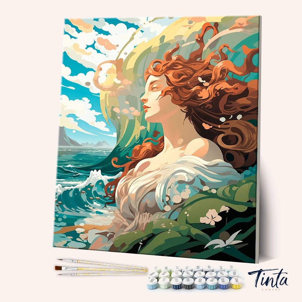 Birth of Venus paint by numbers kit angled view showing flowing female figure emerging from ocean waves