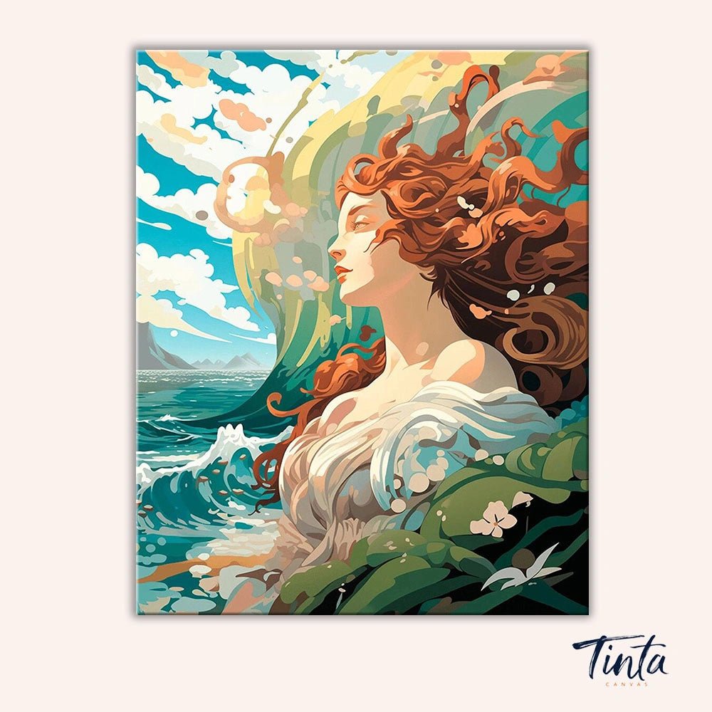 Clean artwork of Birth of Venus paint by numbers kit featuring sea, figure, and soft flowing design