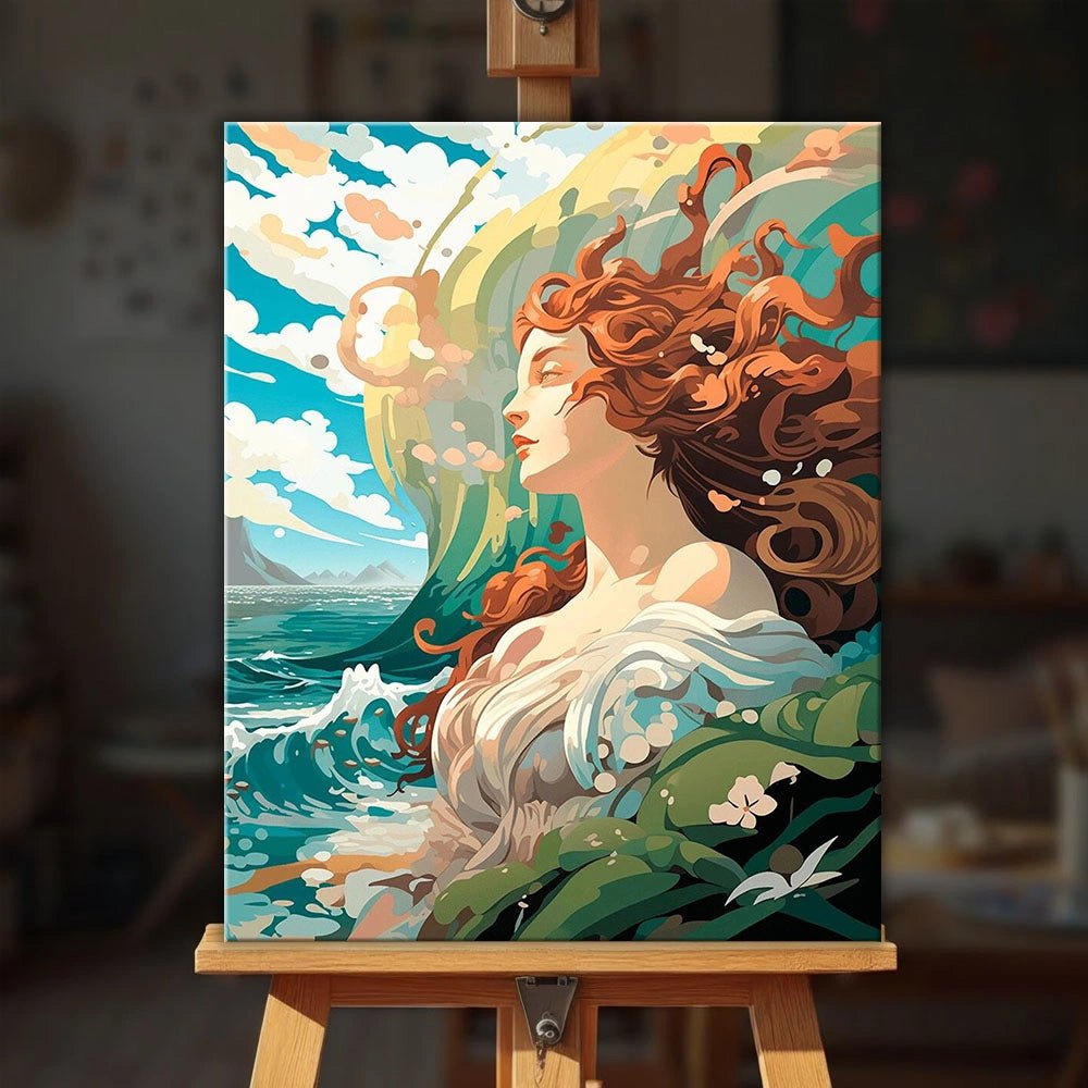Birth of Venus paint by numbers kit displayed on easel with elegant ocean scene and artistic composition