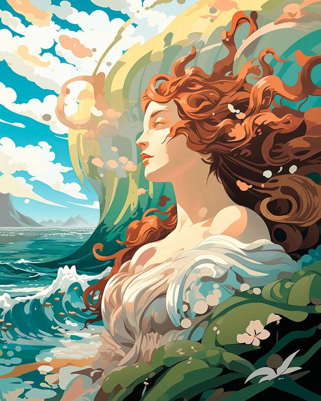 Raw landscape of Birth of Venus paint by numbers kit showing waves, figure, and expressive coastal artwork