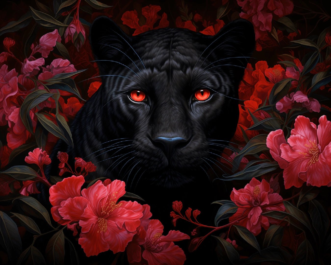Canvas animal paint by numbers kit for adults showcasing a black panther with vivid red eyes and floral accents by Tinta Canvas