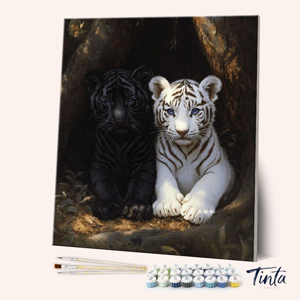Black & White Tiger paint by numbers kit angled view showing black and white tiger cubs with striking contrast