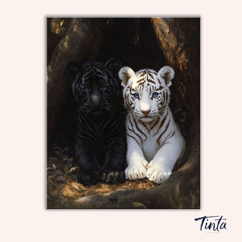 Clean artwork of Black & White Tiger paint by numbers kit featuring two tiger cubs with detailed fur and contrast