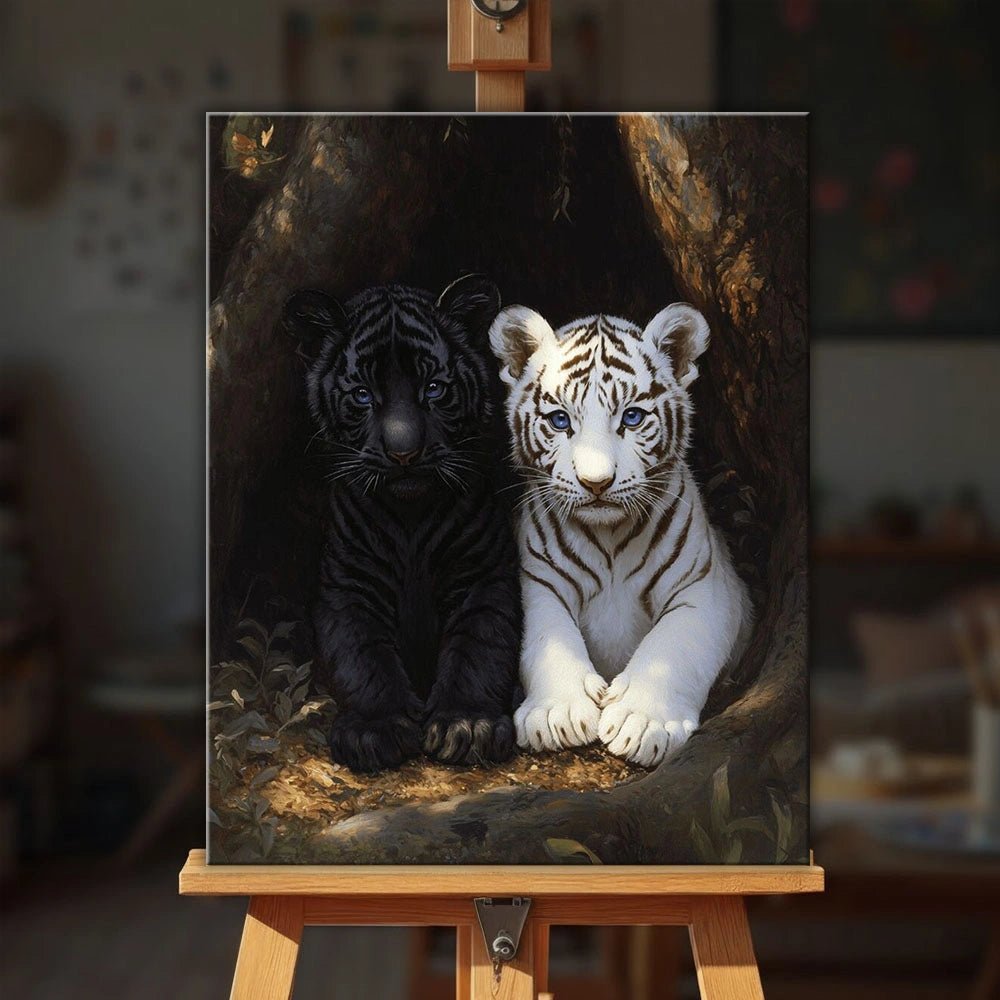 Black & White Tiger paint by numbers kit on easel displaying realistic cubs in dark forest setting