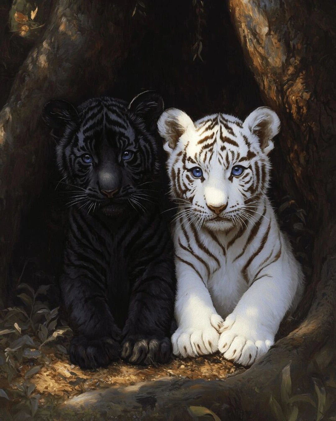 Raw landscape of Black & White Tiger paint by numbers kit showing black and white tiger cubs in natural habitat by Tinta Canvas