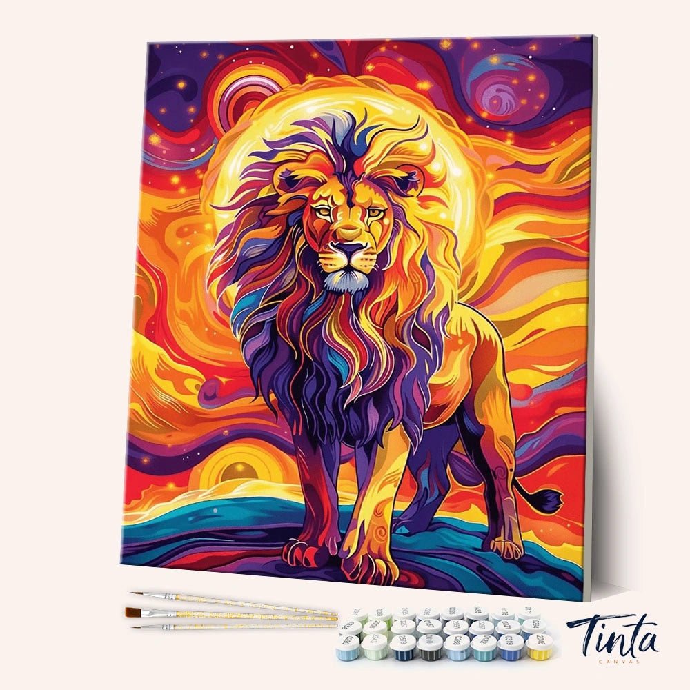 Blazing Sun Lion paint by numbers kit angled view showing colorful lion under radiant sun with bold abstract background