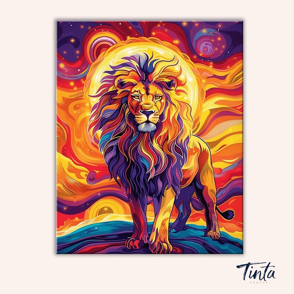 Clean artwork of Blazing Sun Lion paint by numbers kit featuring vibrant lion, swirling colors, and glowing sun