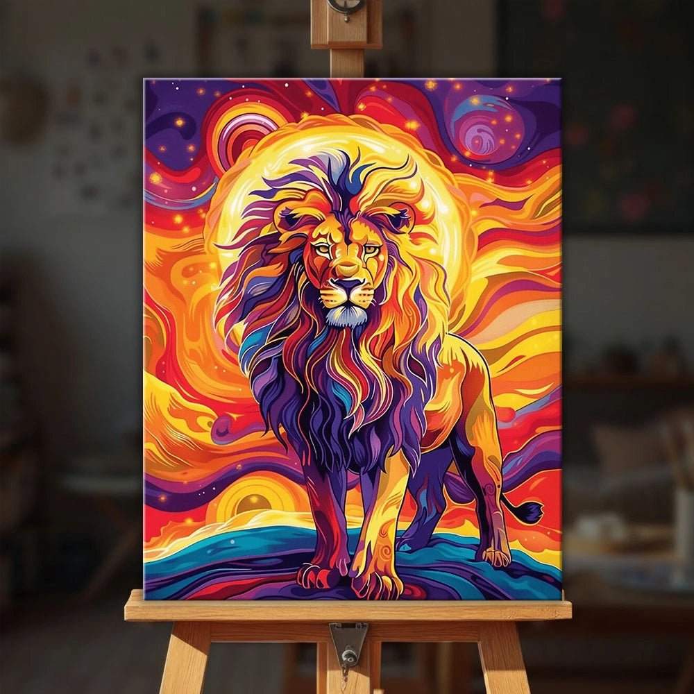 Blazing Sun Lion paint by numbers kit displayed on easel with powerful lion and dynamic artistic composition