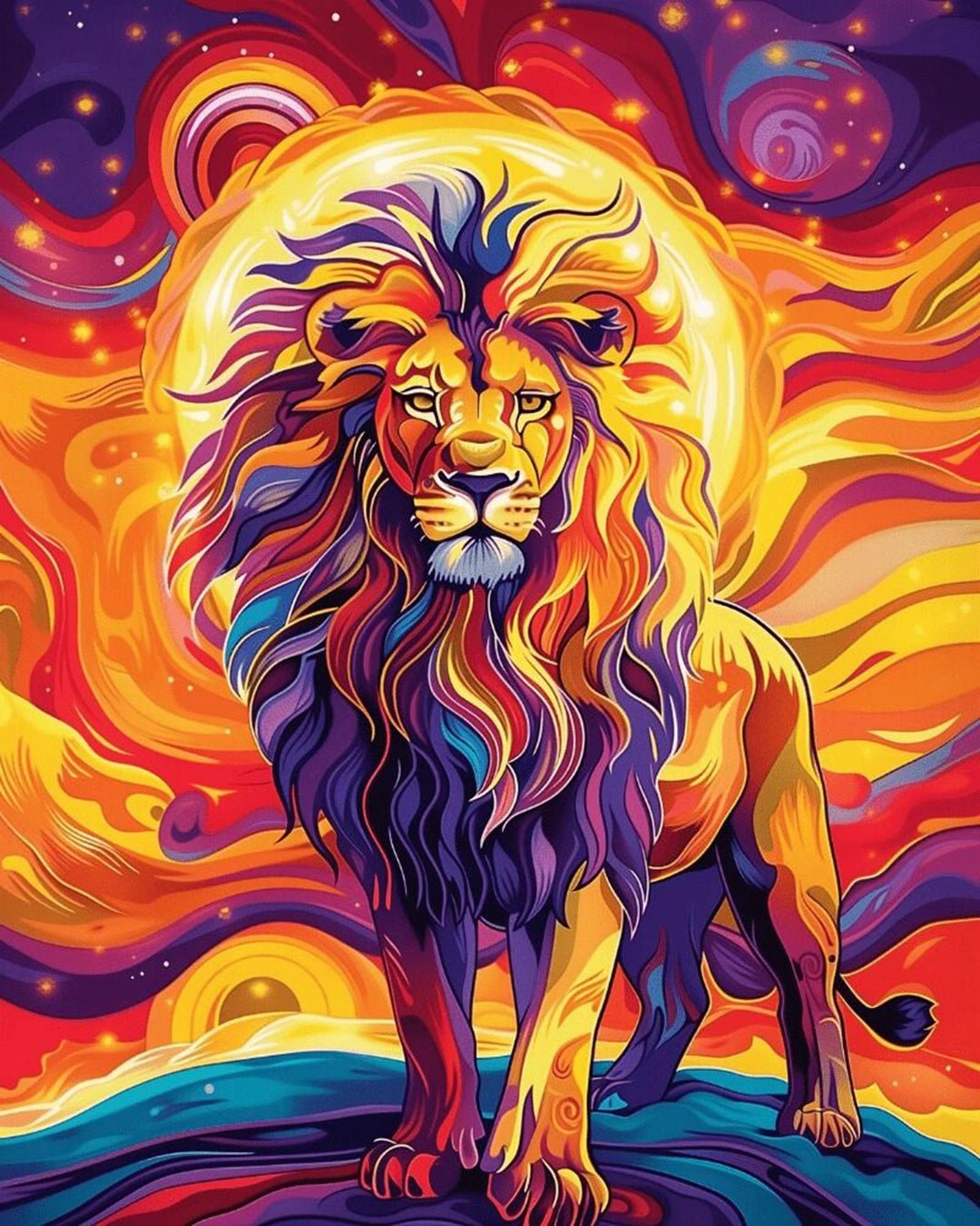 Raw landscape of Blazing Sun Lion paint by numbers kit showing lion, sun, and vivid flowing color patterns