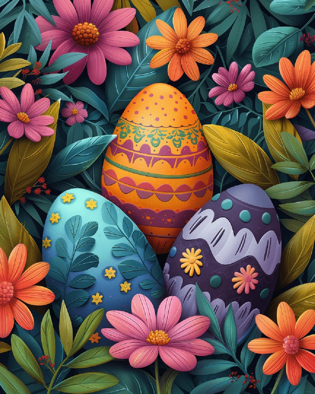 Paint by numbers kit canvas showing patterned Easter eggs with floral and botanical spring elements