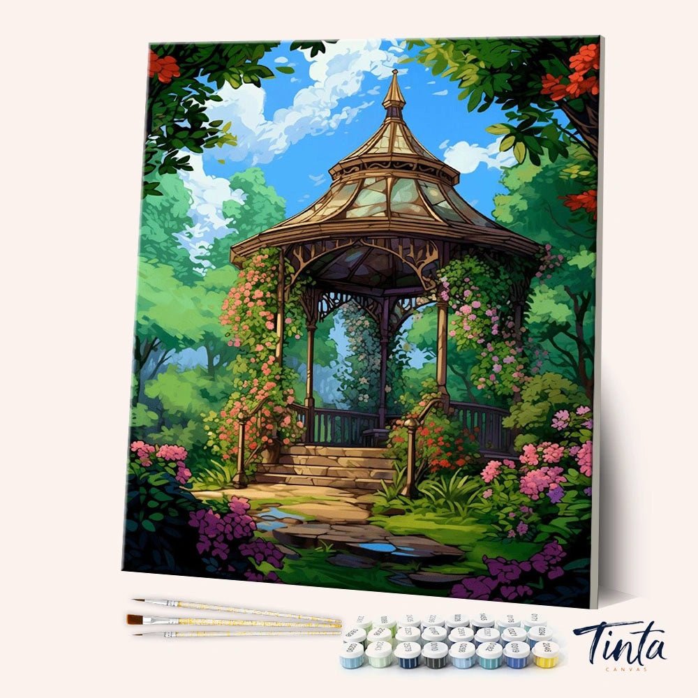 Blooming Gazebo paint by numbers kit angled view showing garden gazebo surrounded by flowers and greenery