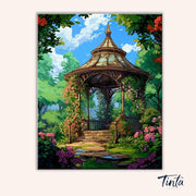 Clean artwork of Blooming Gazebo paint by numbers kit featuring floral garden, gazebo, and sunlit path