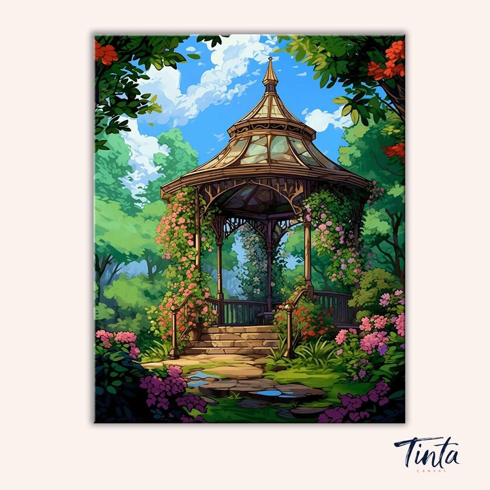 Clean artwork of Blooming Gazebo paint by numbers kit featuring floral garden, gazebo, and sunlit path