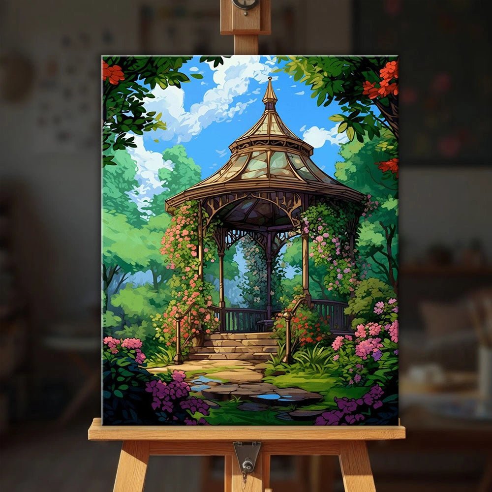Blooming Gazebo paint by numbers kit displayed on easel with peaceful garden and blooming flowers scene