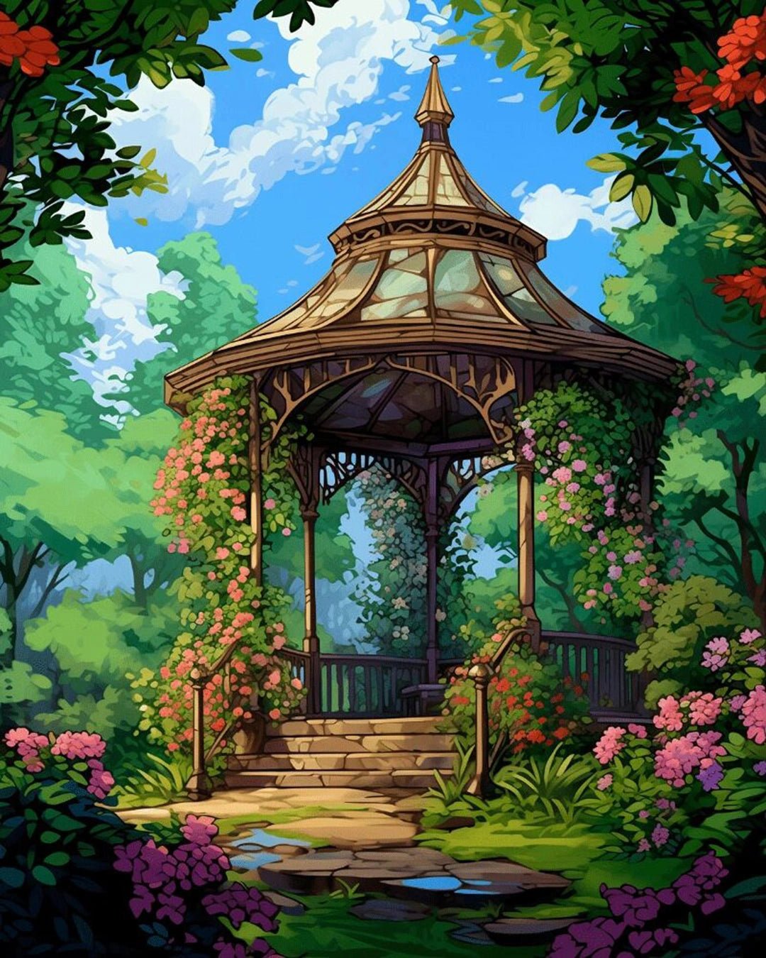 Raw landscape of Blooming Gazebo paint by numbers kit showing gazebo, plants, pathway, and lush greenery