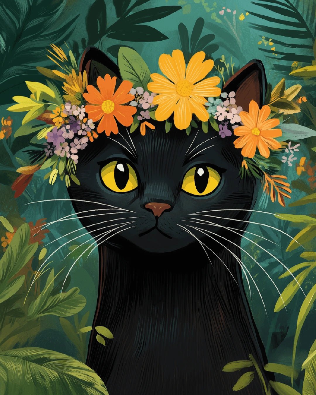Floral cat paint by numbers canvas with black cat, yellow flowers, and leafy green background