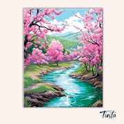 Clean artwork of Blossom River Trail paint by numbers kit featuring river, cherry blossoms, and scenic landscape