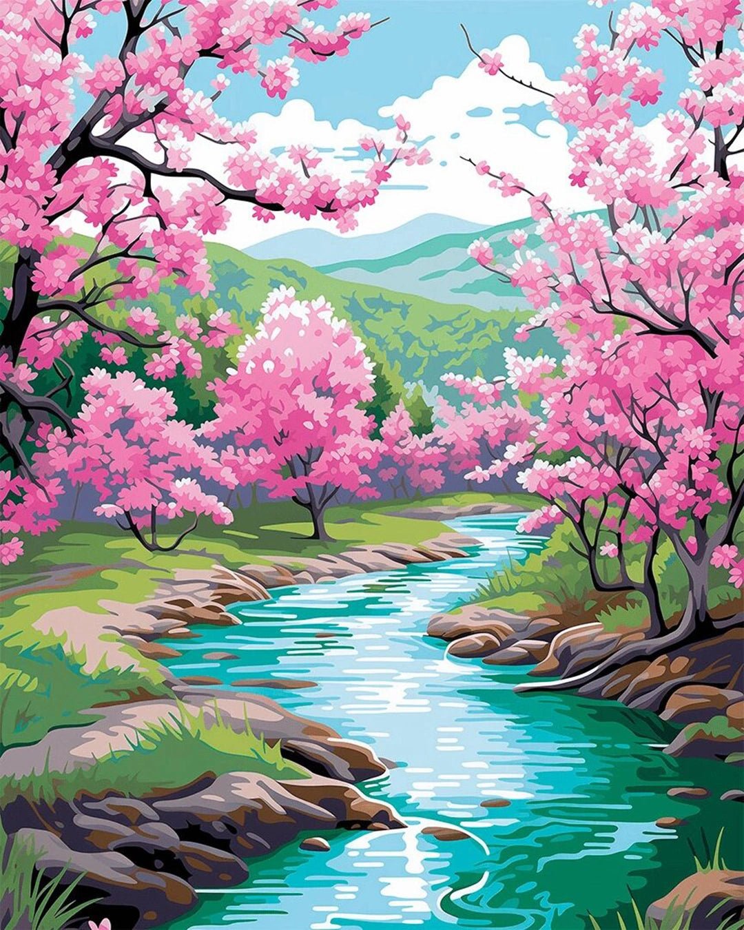 Raw landscape of Blossom River Trail paint by numbers kit showing winding river, rocks, and pink floral trees